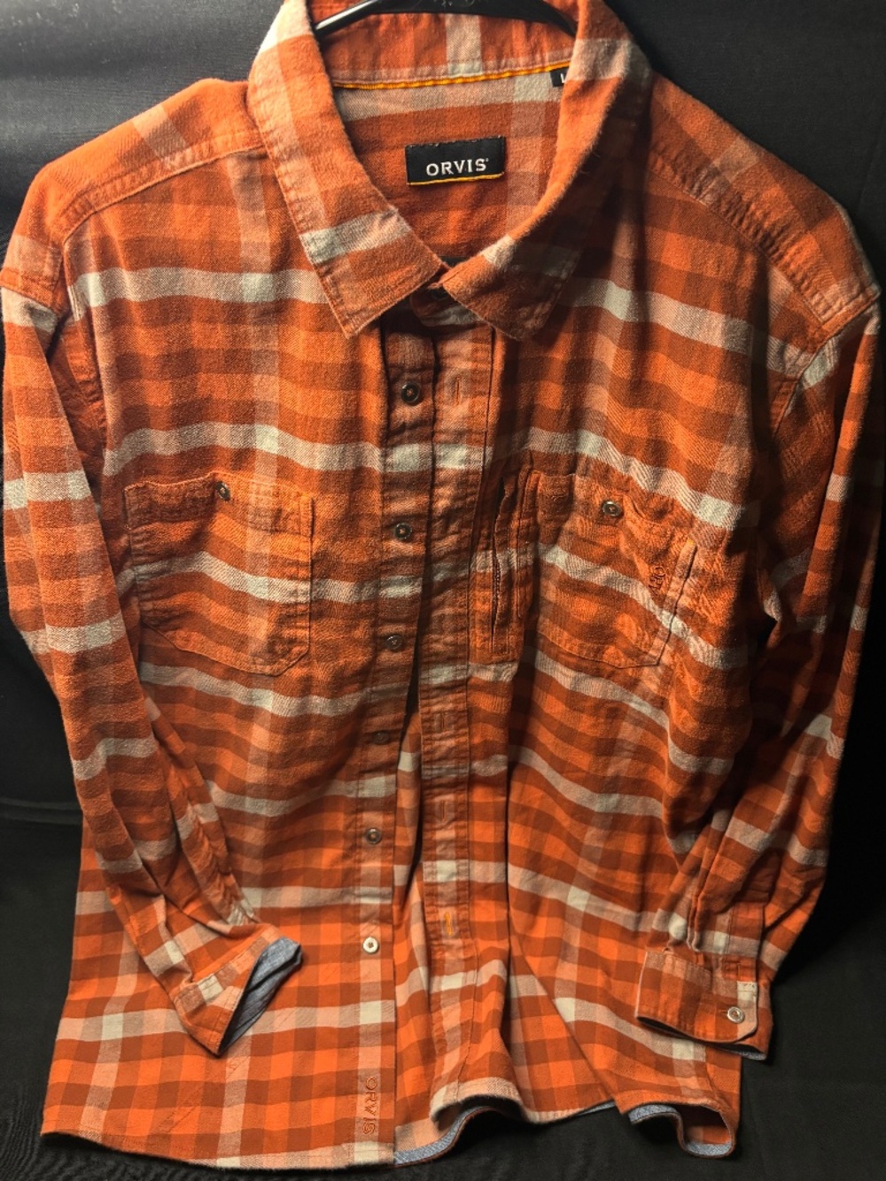 Orvis Mens L Plaid Flannel Button Down Orange/White Long Sleeve Shirt